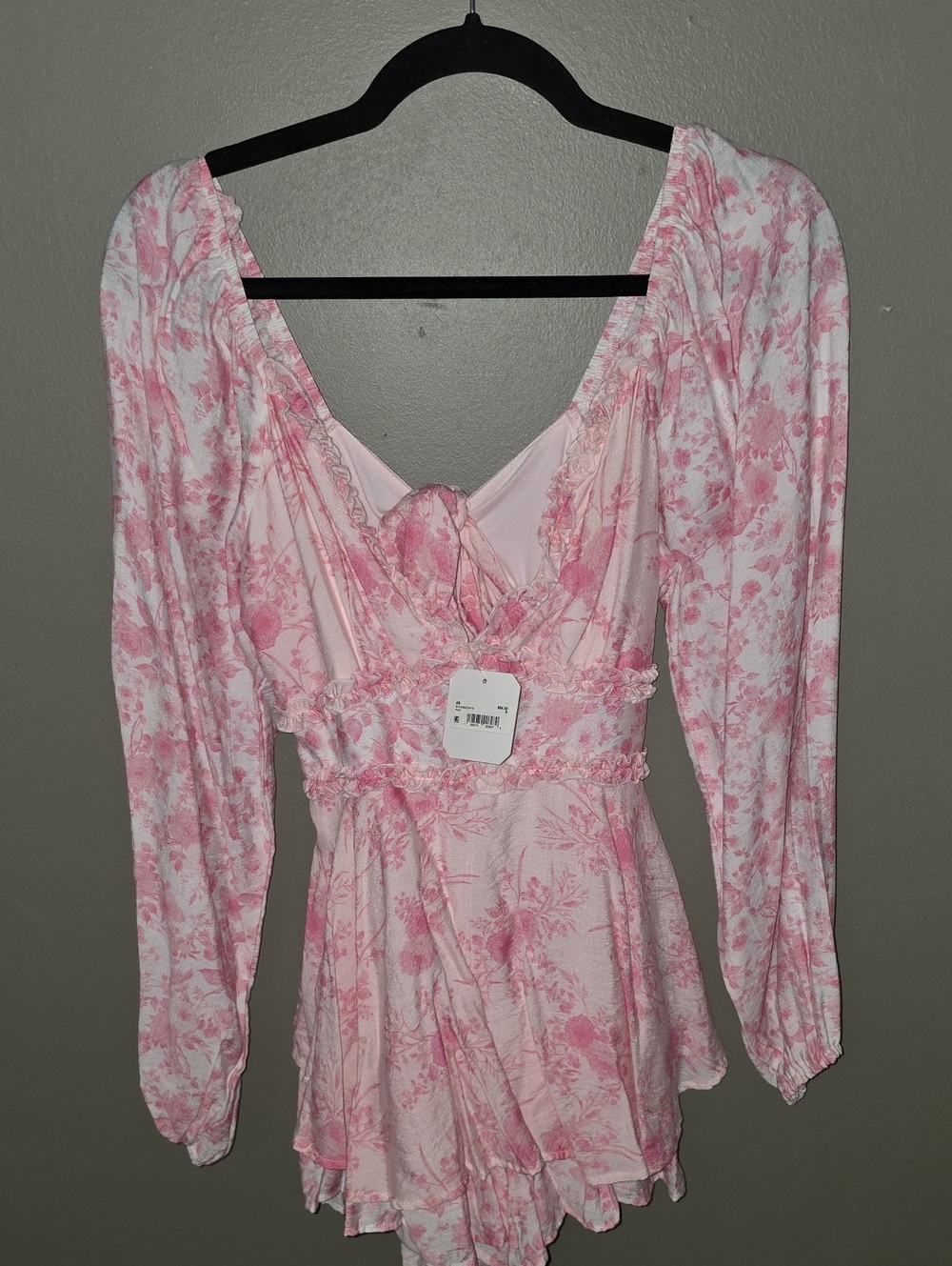 Altar'd State Pink Floral Long-Sleeve Romper with Ruffle Waist